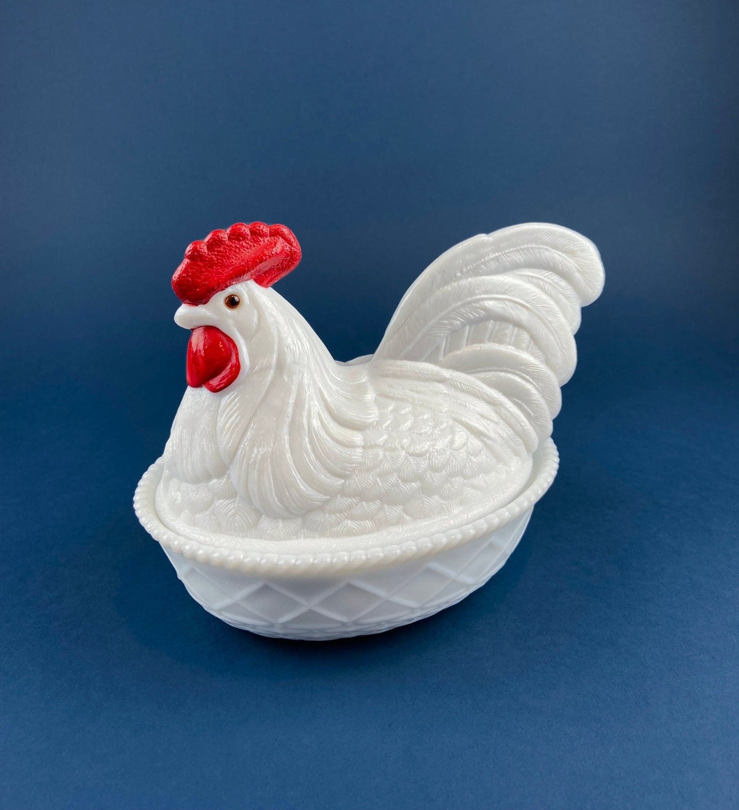 Westmoreland Milk Glass Covered Bowl Shaped Like Rooster on Nest. White Rooster with Red Comb. Lidded Butter Serving Dish. Modern Farmhouse. - I Bought a Yard Sale