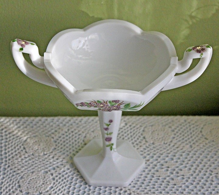 Westmoreland Milk Glass Footed Bowl with Handles. Milk Glass Compote with Hand Painted Floral Pattern. - I Bought a Yard Sale