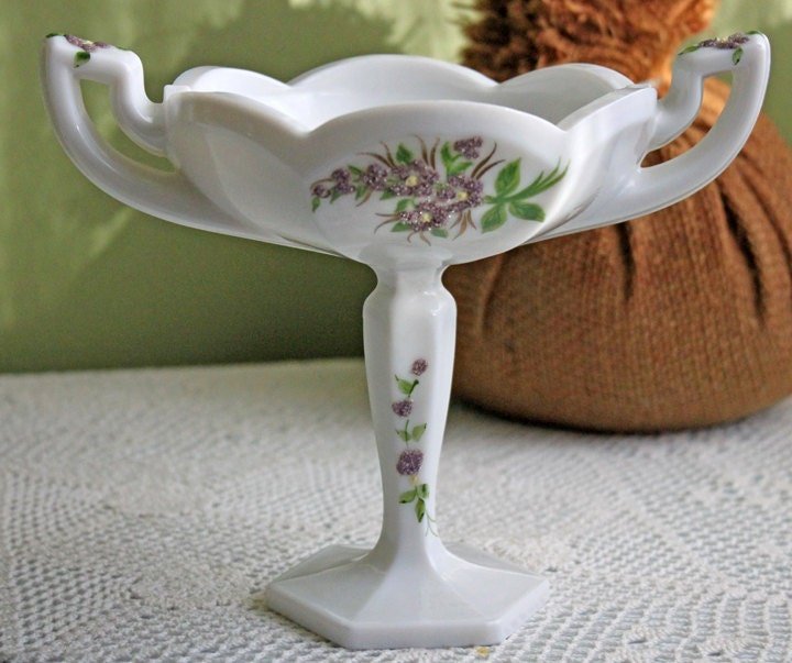Westmoreland Milk Glass Footed Bowl with Handles. Milk Glass Compote with Hand Painted Floral Pattern. - I Bought a Yard Sale
