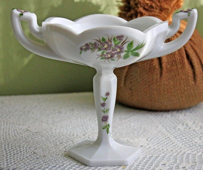 Westmoreland Milk Glass Footed Bowl with Handles. Milk Glass Compote with Hand Painted Floral Pattern. - I Bought a Yard Sale
