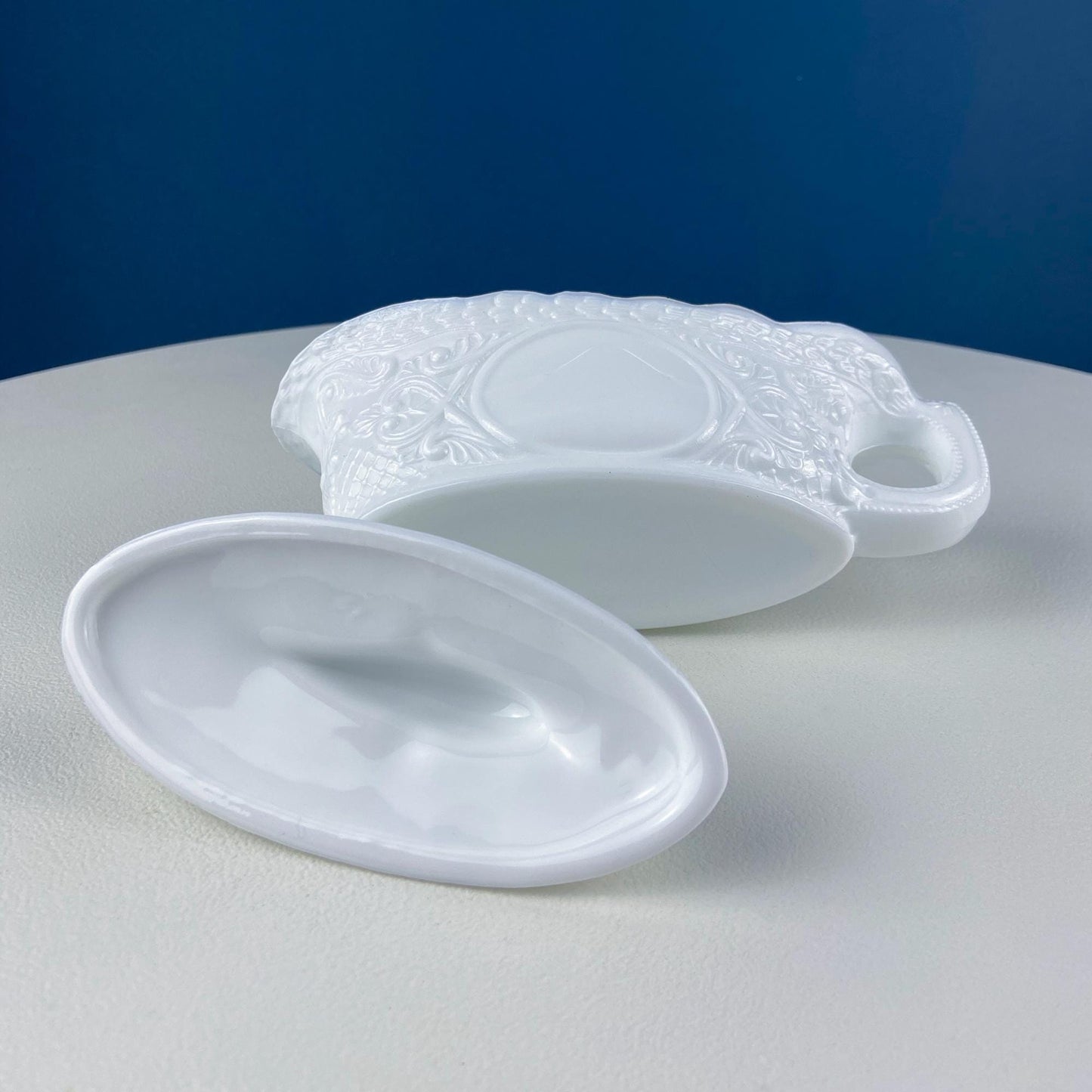 Westmoreland Milk Glass Lidded Serving Trinket Bowl with Dolphin and Celtic Motifs. White Covered Dish Storage Container for Bath Products. - I Bought a Yard Sale