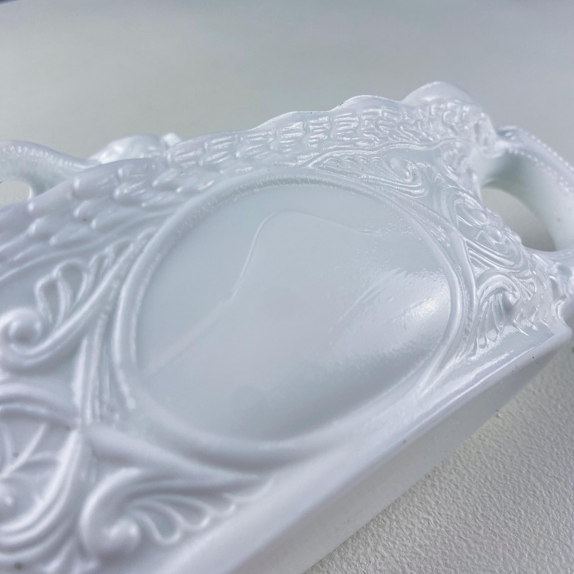 Westmoreland Milk Glass Lidded Serving Trinket Bowl with Dolphin and Celtic Motifs. White Covered Dish Storage Container for Bath Products. - I Bought a Yard Sale