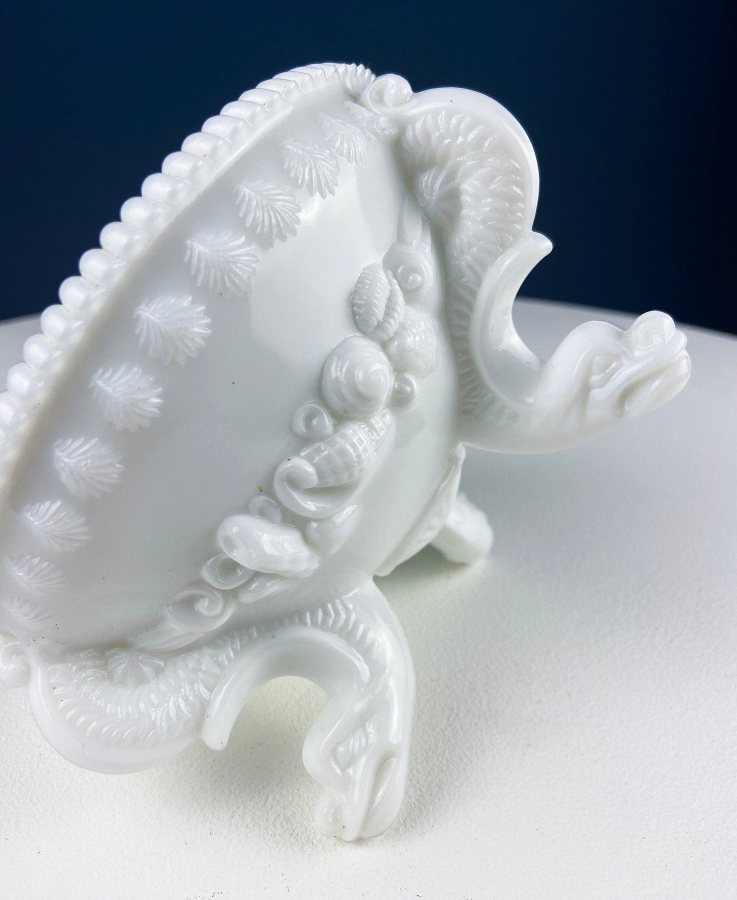 Westmoreland Milk Glass Lidded Serving Trinket Bowl with Dolphin and Celtic Motifs. White Covered Dish Storage Container for Bath Products. - I Bought a Yard Sale