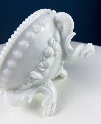 Westmoreland Milk Glass Lidded Serving Trinket Bowl with Dolphin and Celtic Motifs. White Covered Dish Storage Container for Bath Products. - I Bought a Yard Sale