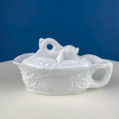 Westmoreland Milk Glass Lidded Serving Trinket Bowl with Dolphin and Celtic Motifs. White Covered Dish Storage Container for Bath Products. - I Bought a Yard Sale