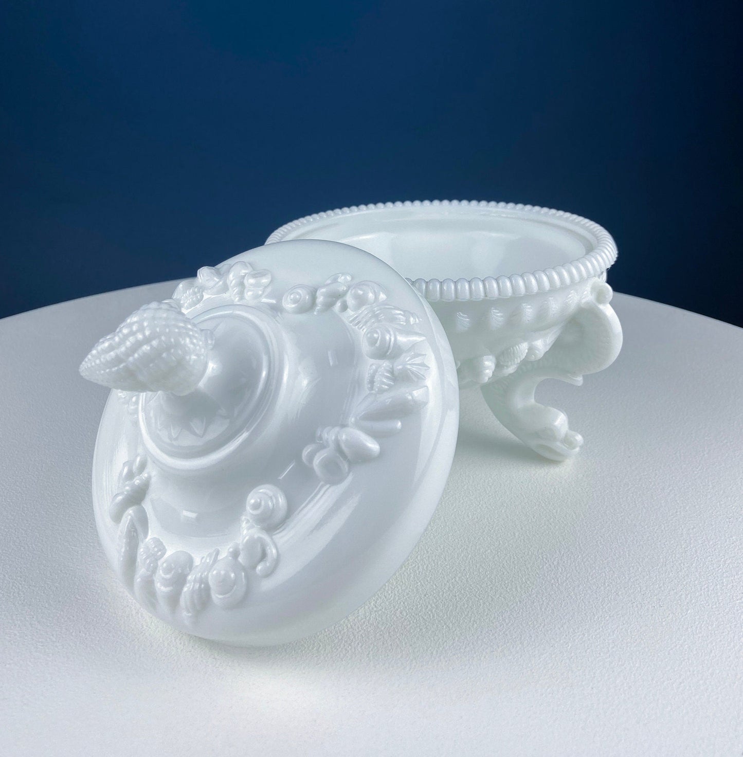 Westmoreland Milk Glass Lidded Serving Trinket Bowl with Dolphin and Celtic Motifs. White Covered Dish Storage Container for Bath Products. - I Bought a Yard Sale