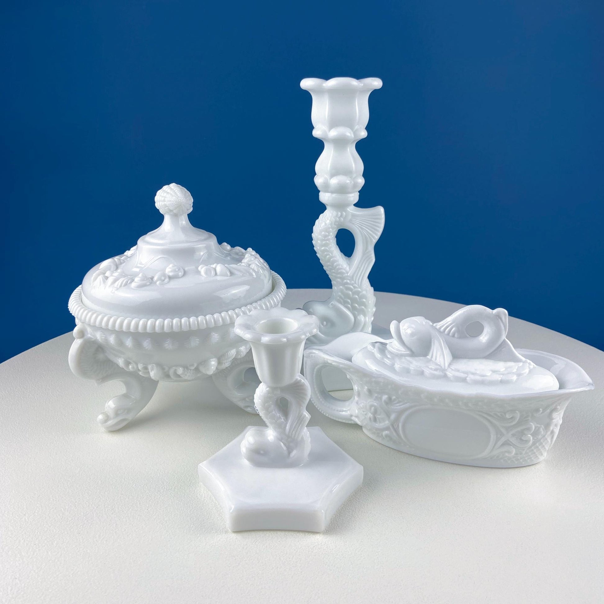 Westmoreland Milk Glass Lidded Serving Trinket Bowl with Dolphin and Celtic Motifs. White Covered Dish Storage Container for Bath Products. - I Bought a Yard Sale