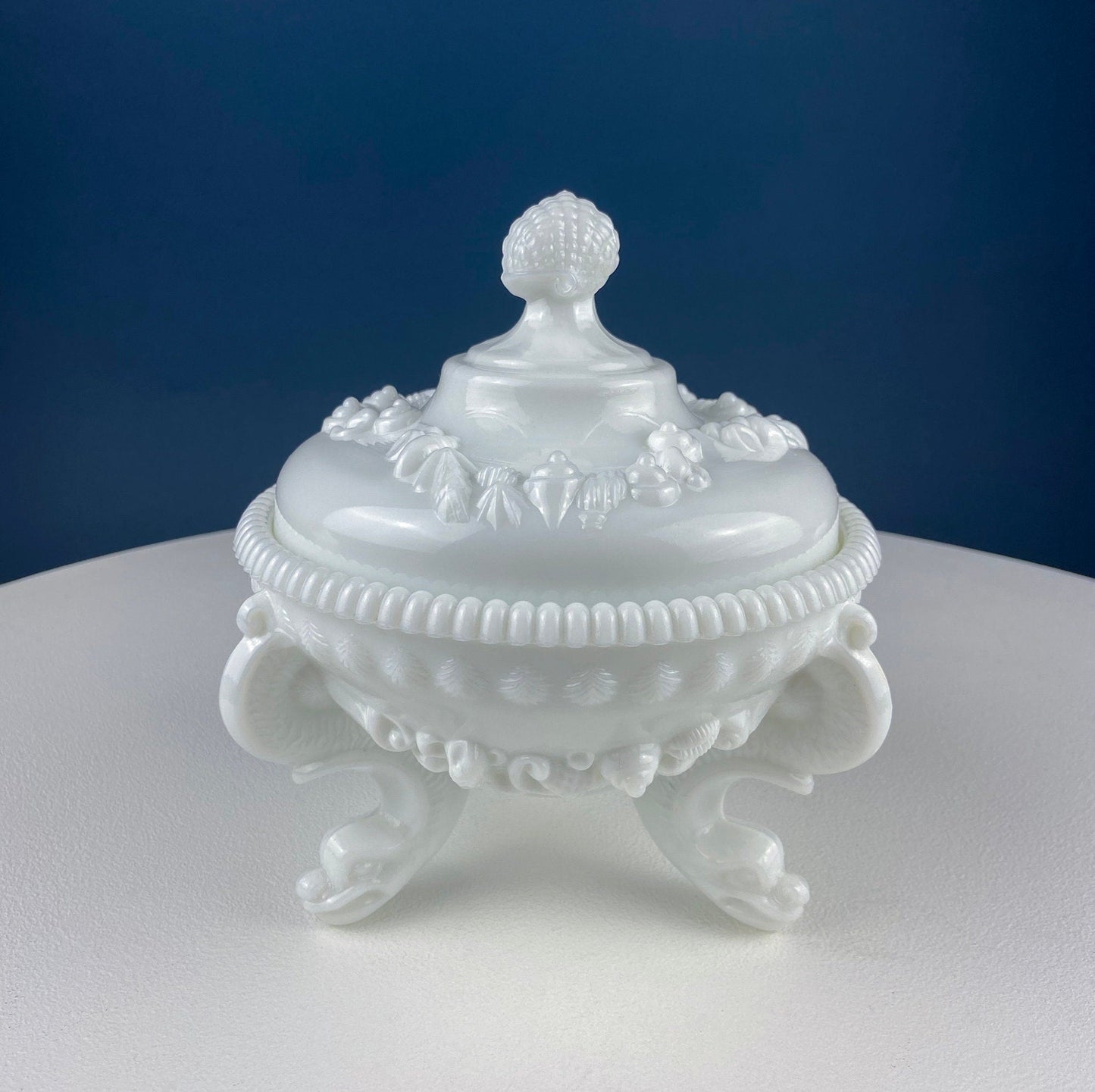 Westmoreland Milk Glass Lidded Serving Trinket Bowl with Dolphin and Celtic Motifs. White Covered Dish Storage Container for Bath Products. - I Bought a Yard Sale