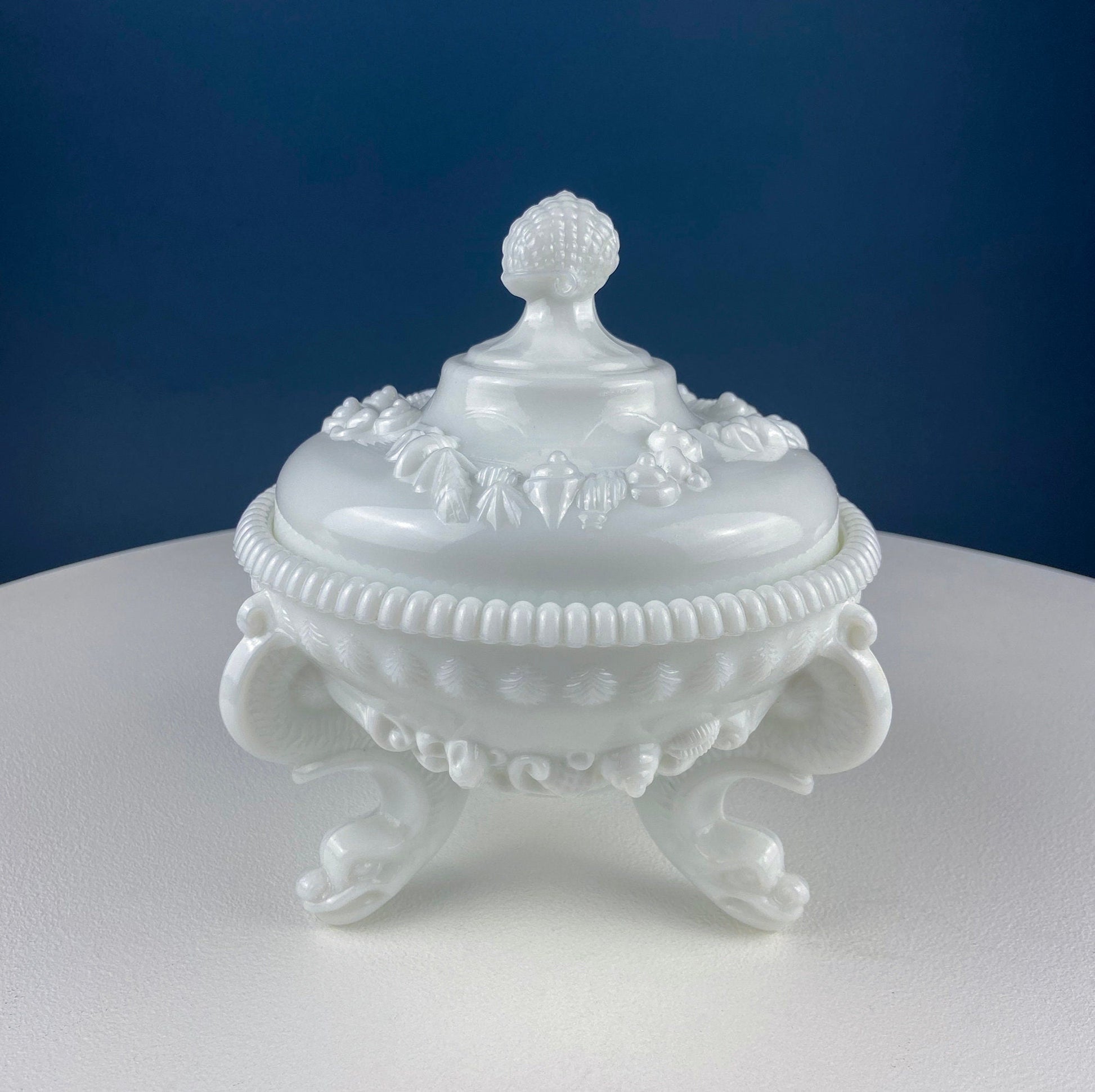 Westmoreland Milk Glass Lidded Serving Trinket Bowl with Dolphin and Celtic Motifs. White Covered Dish Storage Container for Bath Products. - I Bought a Yard Sale