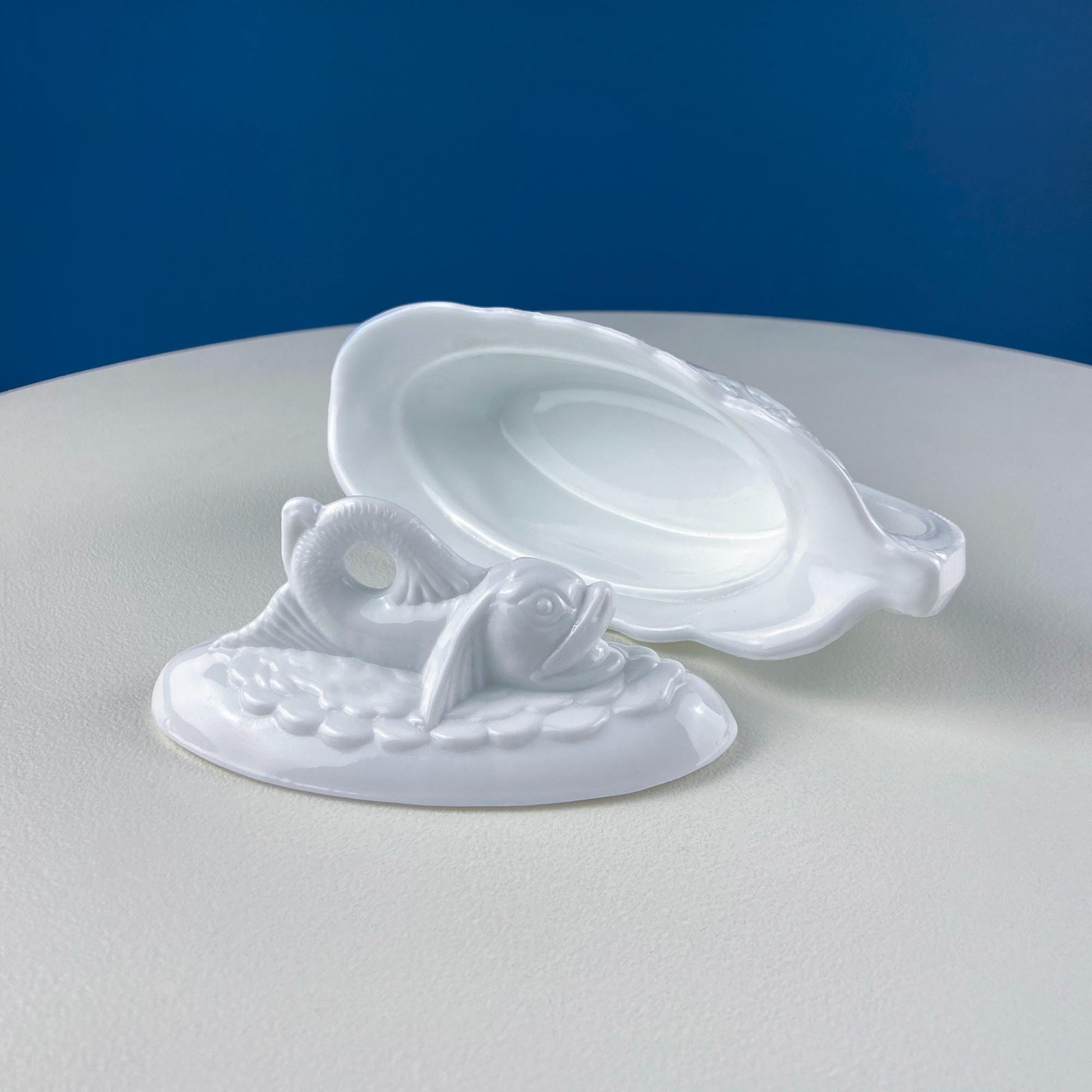 Westmoreland Milk Glass Lidded Serving Trinket Bowl with Dolphin and Celtic Motifs. White Covered Dish Storage Container for Bath Products. - I Bought a Yard Sale