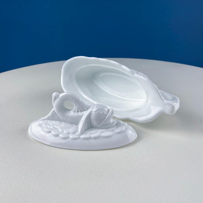 Westmoreland Milk Glass Lidded Serving Trinket Bowl with Dolphin and Celtic Motifs. White Covered Dish Storage Container for Bath Products. - I Bought a Yard Sale