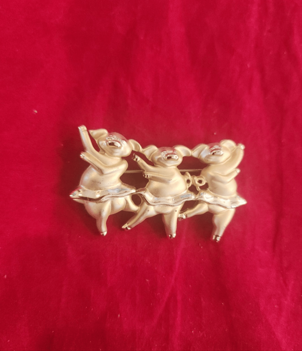 Whimsical Dancing Pigs Pin! This charming gold - tone brooch - I Bought a Yard Sale