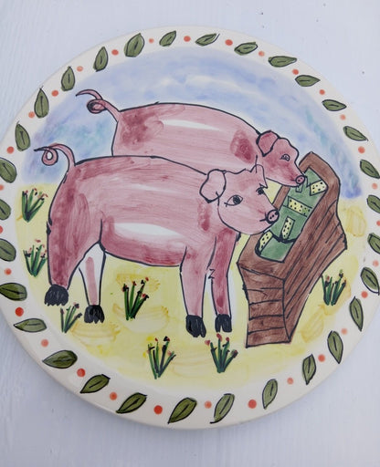 Whimsical Pig Farm Decorative Plates (Set of 2) - 8" Hand Painted by Lotus International - I Bought a Yard Sale