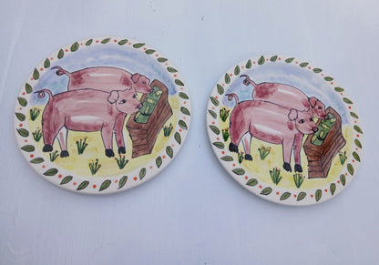 Whimsical Pig Farm Decorative Plates (Set of 2) - 8" Hand Painted by Lotus International - I Bought a Yard Sale