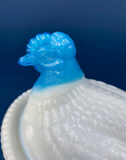 White and Blue Glass Hen in a Basket. Milk Glass Chicken Sitting on Eggs in a Basket. Butter Dish, Storage Bowl with Lid. Collectible Hen. - I Bought a Yard Sale