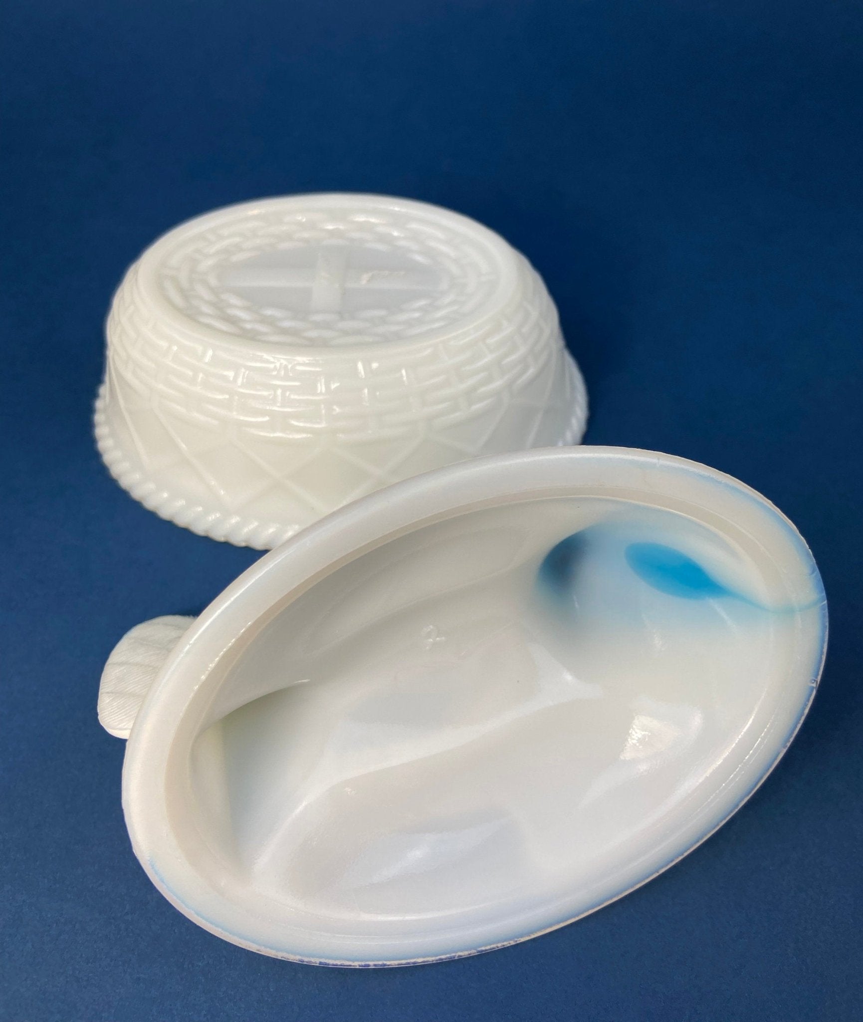 White and Blue Glass Hen in a Basket. Milk Glass Chicken Sitting on Eggs in a Basket. Butter Dish, Storage Bowl with Lid. Collectible Hen. - I Bought a Yard Sale