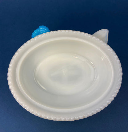 White and Blue Glass Hen in a Basket. Milk Glass Chicken Sitting on Eggs in a Basket. Butter Dish, Storage Bowl with Lid. Collectible Hen. - I Bought a Yard Sale