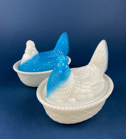 White and Blue Glass Hen in a Basket. Milk Glass Chicken Sitting on Eggs in a Basket. Butter Dish, Storage Bowl with Lid. Collectible Hen. - I Bought a Yard Sale