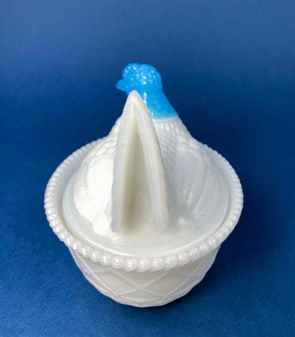 White and Blue Glass Hen in a Basket. Milk Glass Chicken Sitting on Eggs in a Basket. Butter Dish, Storage Bowl with Lid. Collectible Hen. - I Bought a Yard Sale
