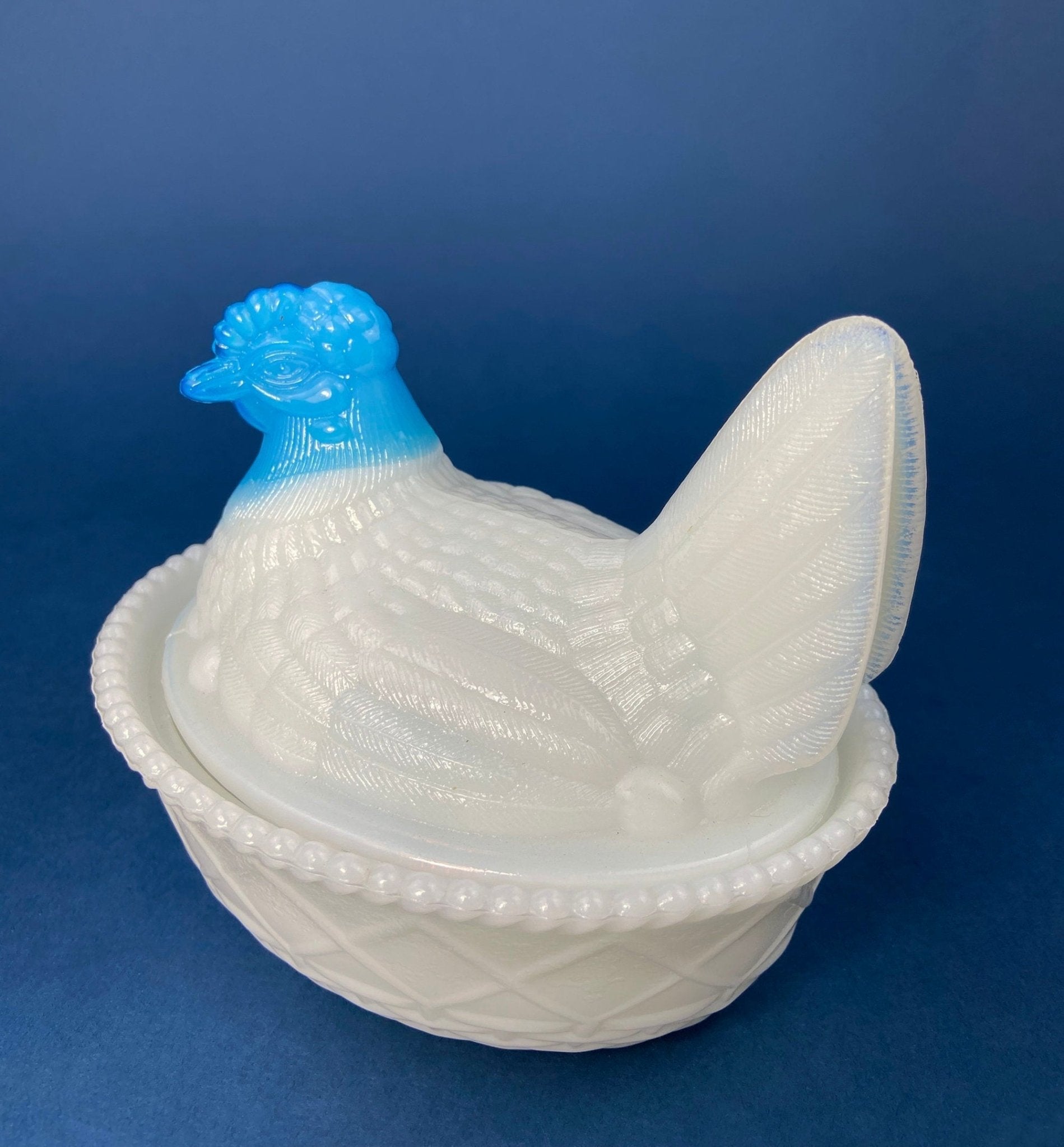 White and Blue Glass Hen in a Basket. Milk Glass Chicken Sitting on Eggs in a Basket. Butter Dish, Storage Bowl with Lid. Collectible Hen. - I Bought a Yard Sale