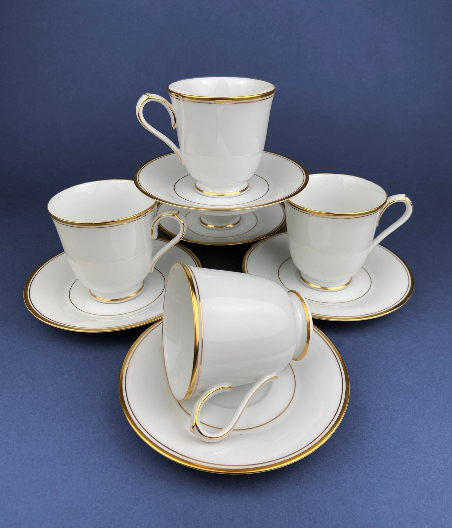 White China Cups and Saucers: Gold Embossed Band, Set of 5 - I Bought a Yard Sale