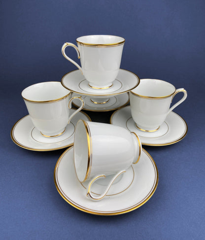 White China Cups and Saucers: Gold Embossed Band, Set of 5 - I Bought a Yard Sale