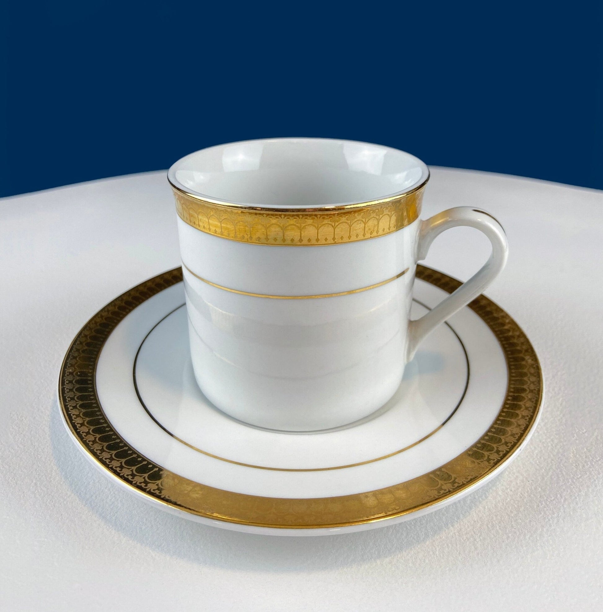 White China Cups and Saucers: Gold Embossed Band, Set of 5 - I Bought a Yard Sale