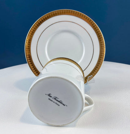 White China Cups and Saucers: Gold Embossed Band, Set of 5 - I Bought a Yard Sale