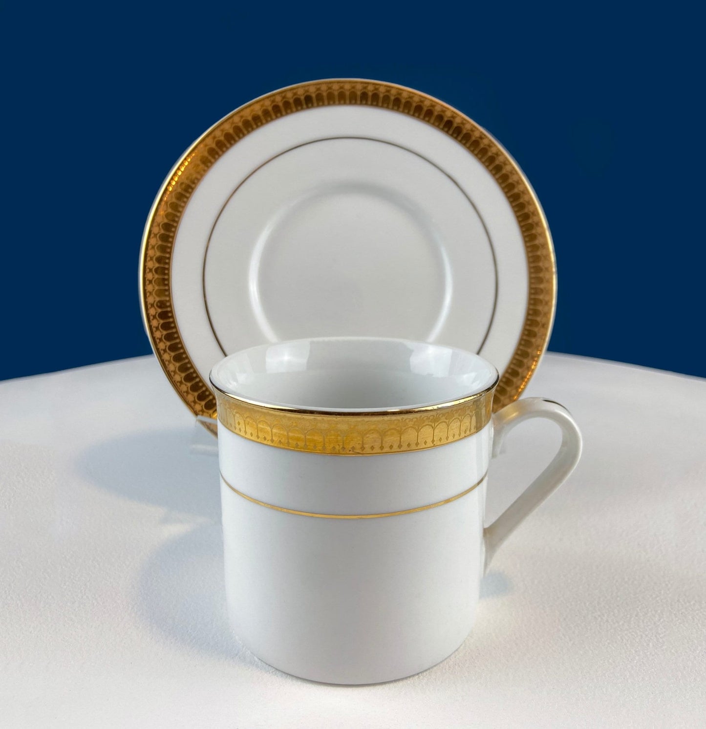 White China Cups and Saucers: Gold Embossed Band, Set of 5 - I Bought a Yard Sale