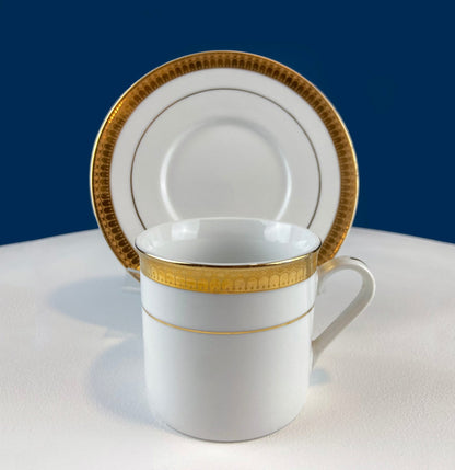 White China Cups and Saucers: Gold Embossed Band, Set of 5 - I Bought a Yard Sale