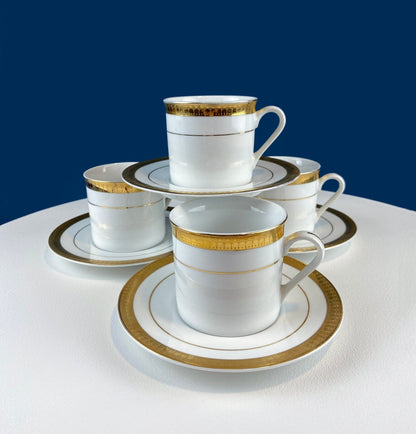 White China Cups and Saucers: Gold Embossed Band, Set of 5 - I Bought a Yard Sale