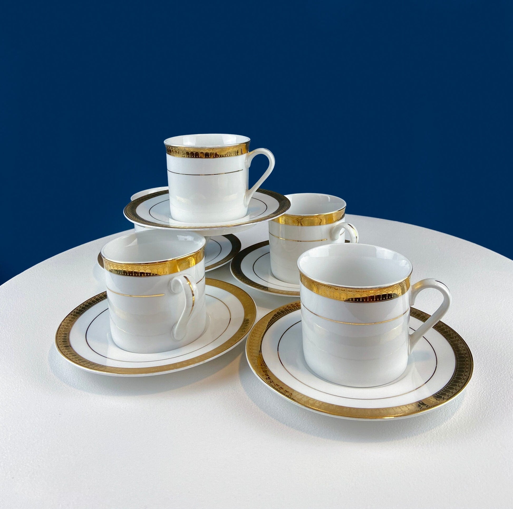 White China Cups and Saucers: Gold Embossed Band, Set of 5 - I Bought a Yard Sale