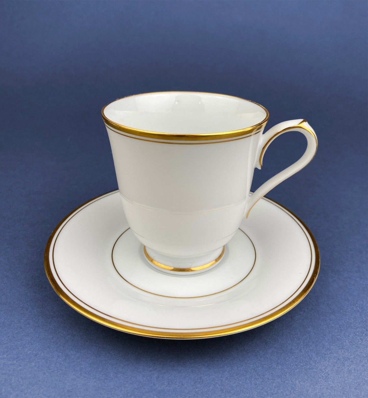 White China Cups and Saucers: Gold Embossed Band, Set of 5 - I Bought a Yard Sale