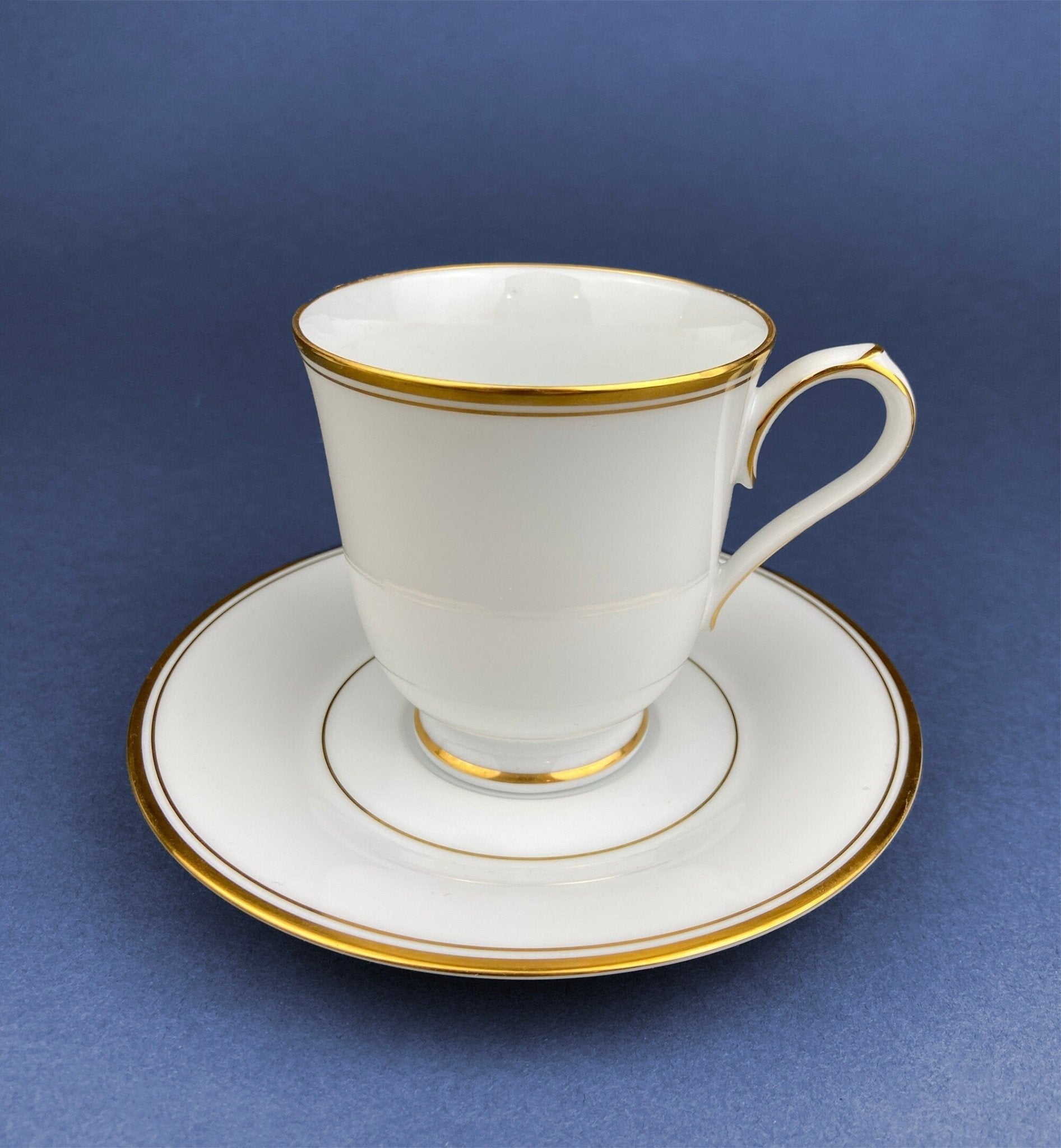 White China Cups and Saucers: Gold Embossed Band, Set of 5 - I Bought a Yard Sale