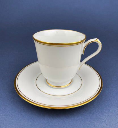 White China Cups and Saucers: Gold Embossed Band, Set of 5 - I Bought a Yard Sale