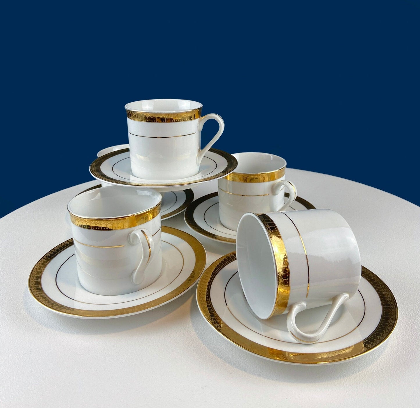 White China Cups and Saucers: Gold Embossed Band, Set of 5 - I Bought a Yard Sale