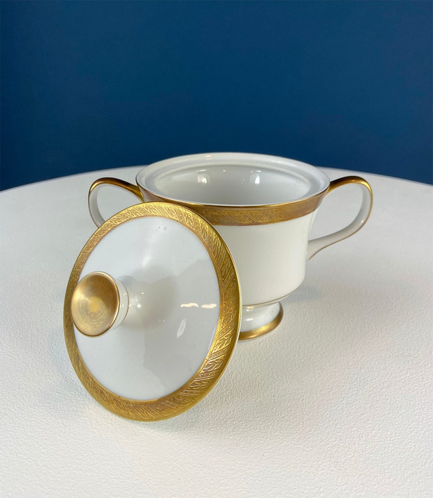 White & Gold Dish Set. Wedding Band China. Sango Spun Gold. Dinner, Salad or Dessert, Soup Plates, Sugar Bowl, Serving Dishes. - I Bought a Yard Sale