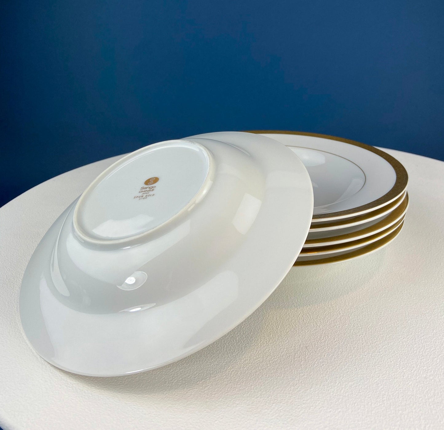 White & Gold Dish Set. Wedding Band China. Sango Spun Gold. Dinner, Salad or Dessert, Soup Plates, Sugar Bowl, Serving Dishes. - I Bought a Yard Sale