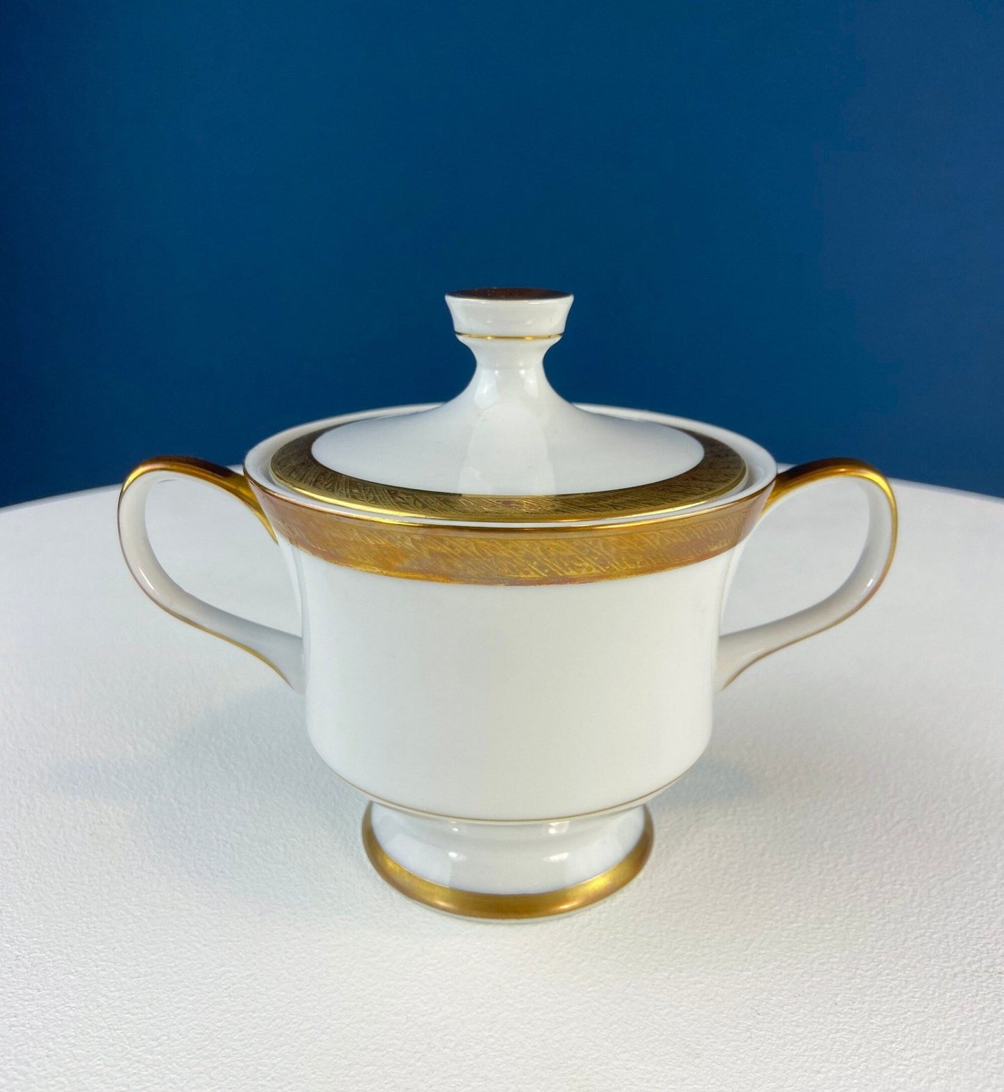 White & Gold Dish Set. Wedding Band China. Sango Spun Gold. Dinner, Salad or Dessert, Soup Plates, Sugar Bowl, Serving Dishes. - I Bought a Yard Sale