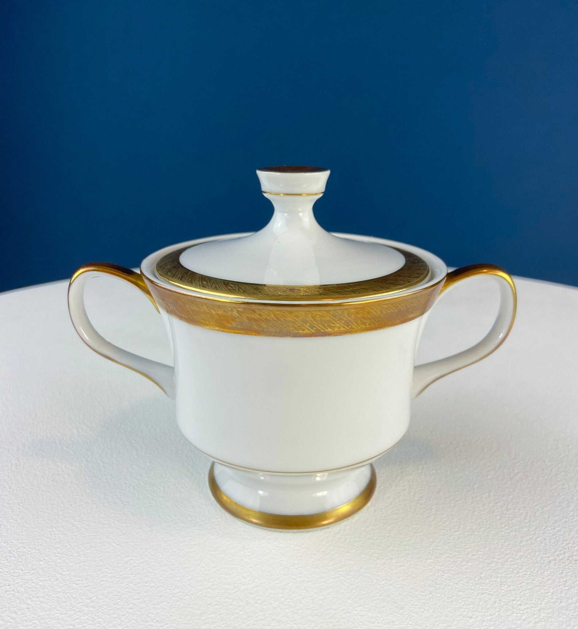 White & Gold Dish Set. Wedding Band China. Sango Spun Gold. Dinner, Salad or Dessert, Soup Plates, Sugar Bowl, Serving Dishes. - I Bought a Yard Sale