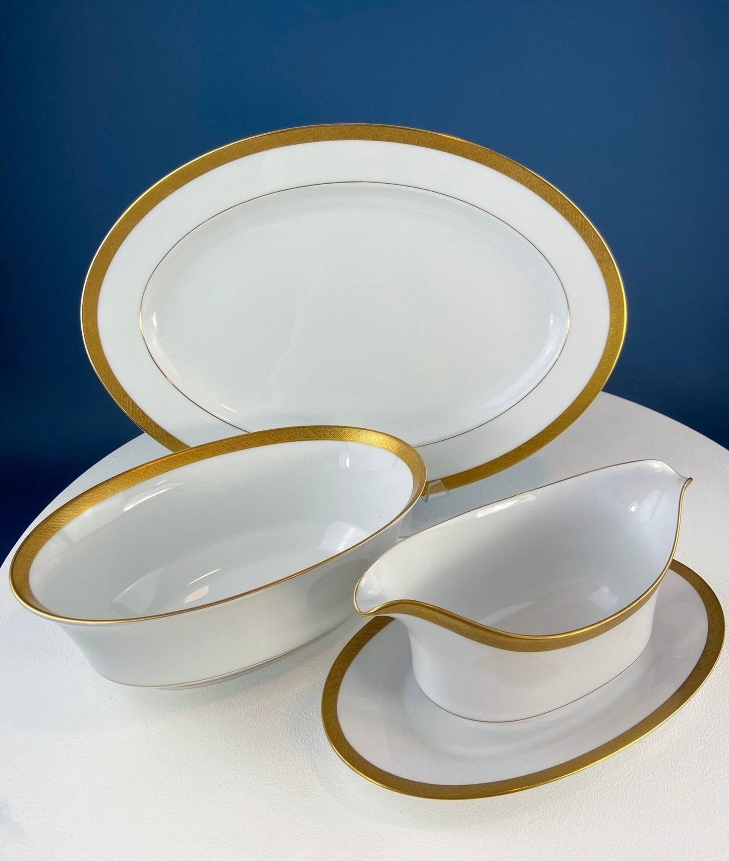 White & Gold Dish Set. Wedding Band China. Sango Spun Gold. Dinner, Salad or Dessert, Soup Plates, Sugar Bowl, Serving Dishes. - I Bought a Yard Sale