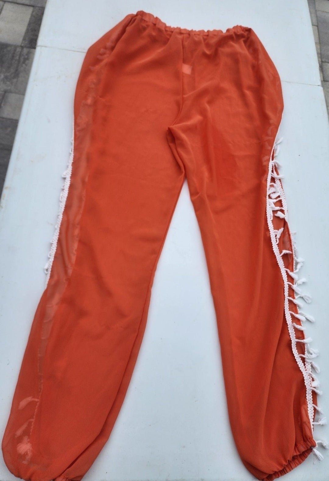 Women Orange & White Tassel - Trim Side - Slit Harem costume Pants - Medium - I Bought a Yard Sale