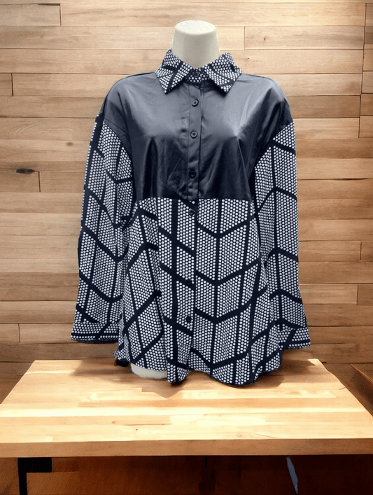 Women's Button DOWN bĺouse Faux leather top part white dots - I Bought a Yard Sale